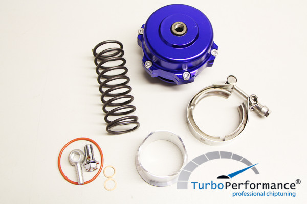 Open Pop Off / Blow Off Valve 50mm incl. V-Band, VR6 16V R32 R36 C20LET G60 Turbo, blue